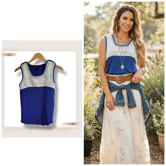 art class Tops - 🌿Art Class Blue Crochet Bodice Sleeveless Top Boho Youth XL 14/16 Women’s Small